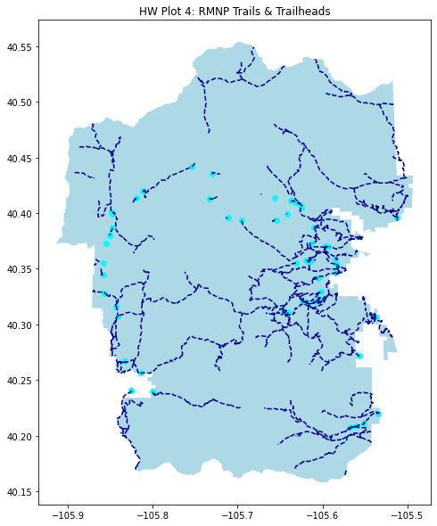 Map of Rocky Mountain National Park trails and trailheads, with an outline of the park.