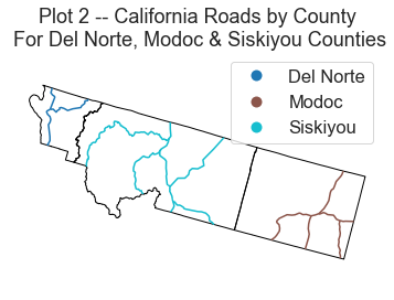 Map showing the roads layer clipped to the three counties and colored according to which county the road is in.