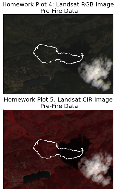 Homework plots 4 & 5 RGB and CIR images using Landsat 8 pre-fire.
