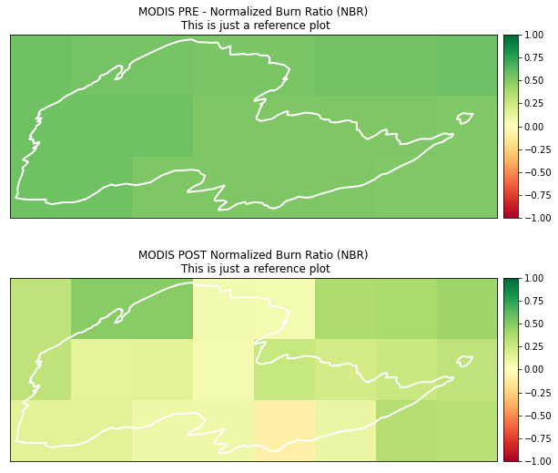 NBR images calculated from MODIS for pre- and post-Cold Springs fire.