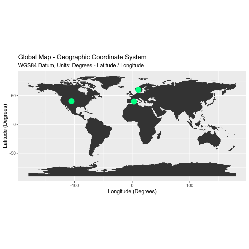 Map plotted using geographic projection with location points added.