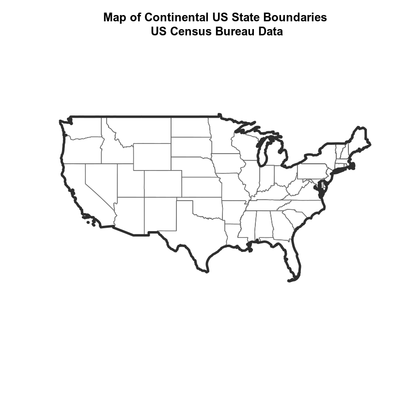Plot of the US overlayed with states and a boundary.