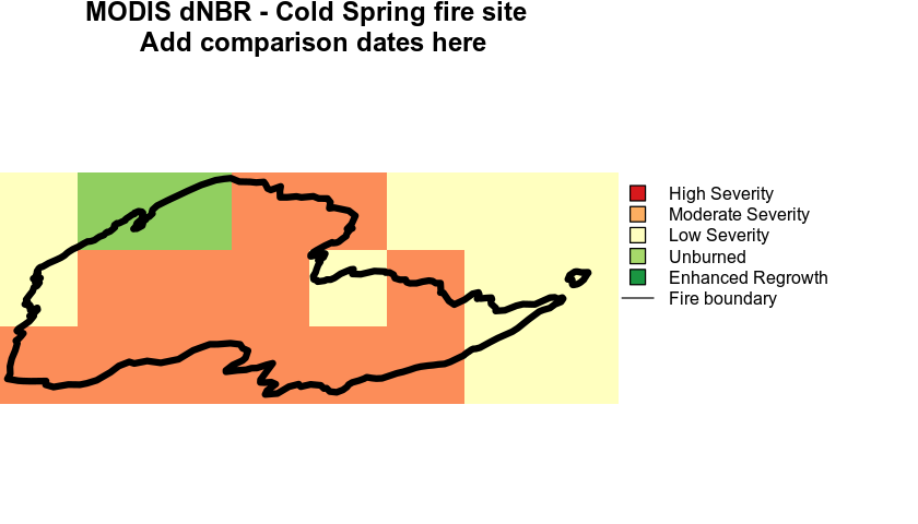 dnbr plotted using MODIS data for the Cold Springs fire.