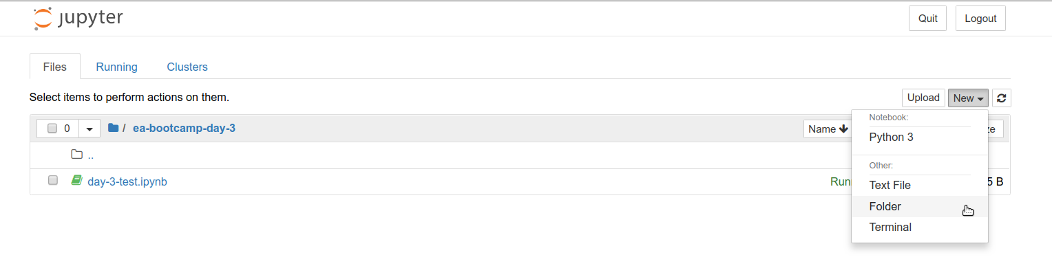 You can create new directories in the Jupyter Notebook dashboard by clicking on New and then selecting Folder from the drop-down menu.