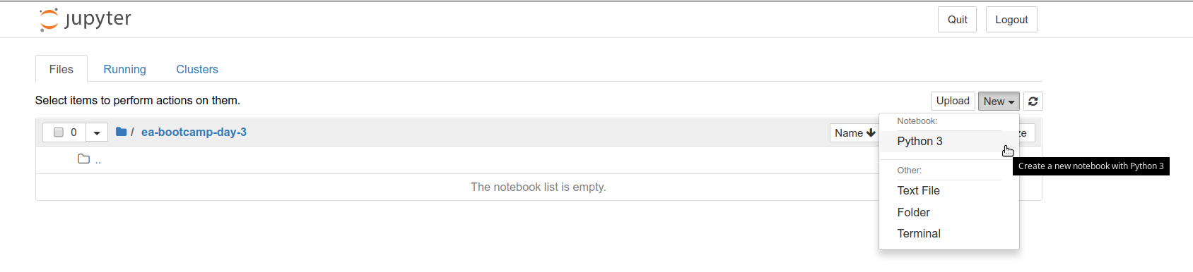 When you use the Jupyter Notebook dashboard menu to create new Jupyter Notebook files (.ipynb), you will click on the New button and select Python 3.