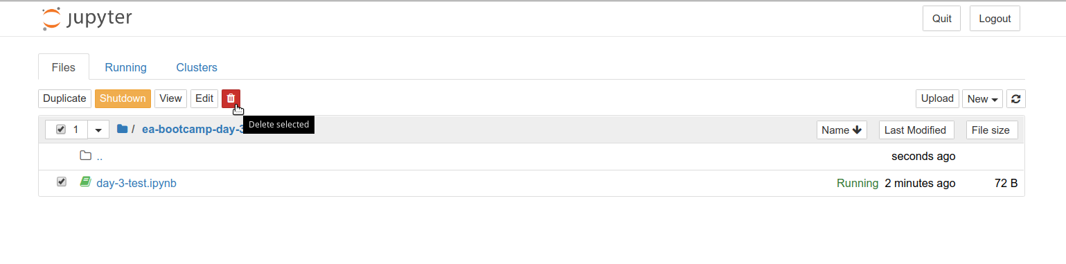 To use the Jupyter Notebook dashboard menu to delete Jupyter Notebook files (.ipynb), you can check the box to left of the filename and select the red Trashcan button that appears.