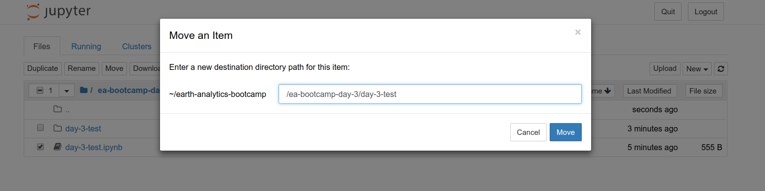 To use the Jupyter Notebook dashboard menu to move Jupyter Notebook files (.ipynb), you can check the box to left of the filename and select the Move button that appears.
