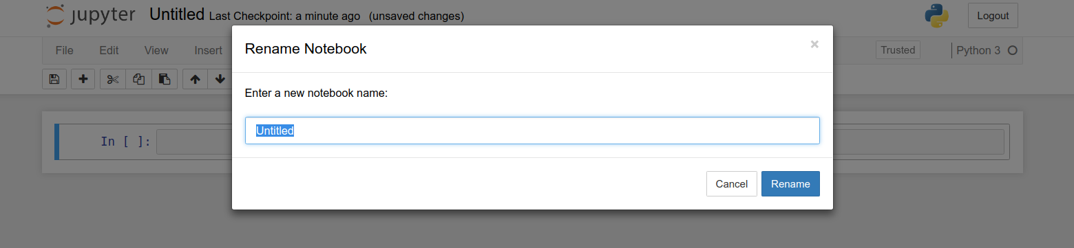 When you use the Jupyter Notebook dashboard menu to rename Jupyter Notebook files (.ipynb), a new window will open in which you can type the new name of the file.