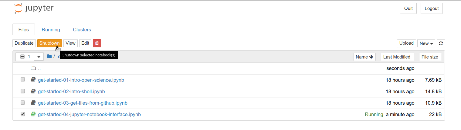 To use the Jupyter Notebook dashboard menu to shutdown Jupyter Notebook files (.ipynb), you can check the box to left of the filename and select the orange Shutdown button that appears.