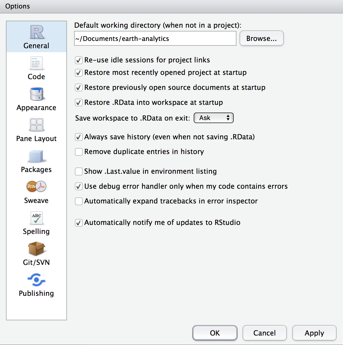 setup working directory in rstudio