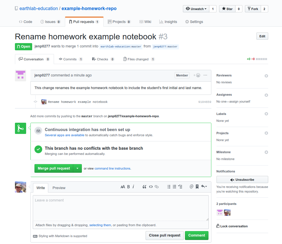 Location of the Close pull request button on an example pull request from jenp0277 to earthlab-education.