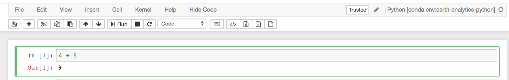 Jupyter Notebook with a code cell that contains 4 + 5. When you run the code, the output is 9 and is displayed below the code cell.