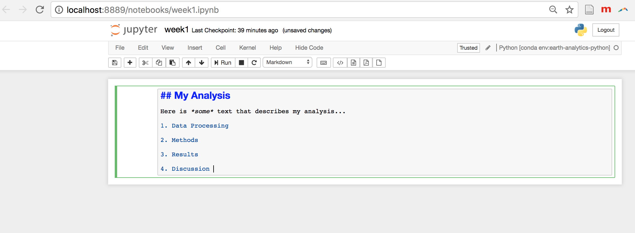 Jupyter Notebook with a non-rendered Markdown cell.