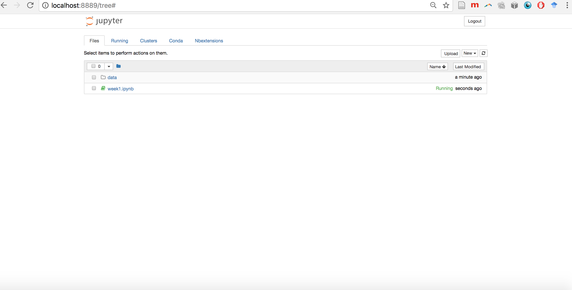 This is what Jupyter Notebook dashboard will look like when you launch it. If there are any directories and files, you will see them listed in the dashboard, just like the data directory and notebook called week1.ipynb are listed in this image.