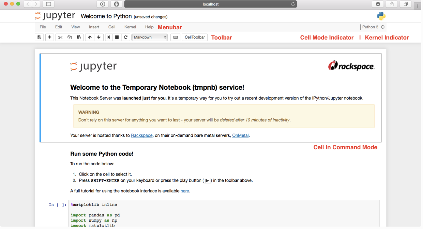 The components of a Jupyter Notebook file include a menu bar, toolbar, and cells just like the ones shown in this image.
