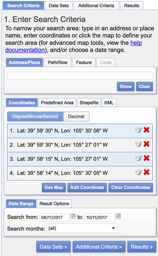 Earth explorer search criteria.