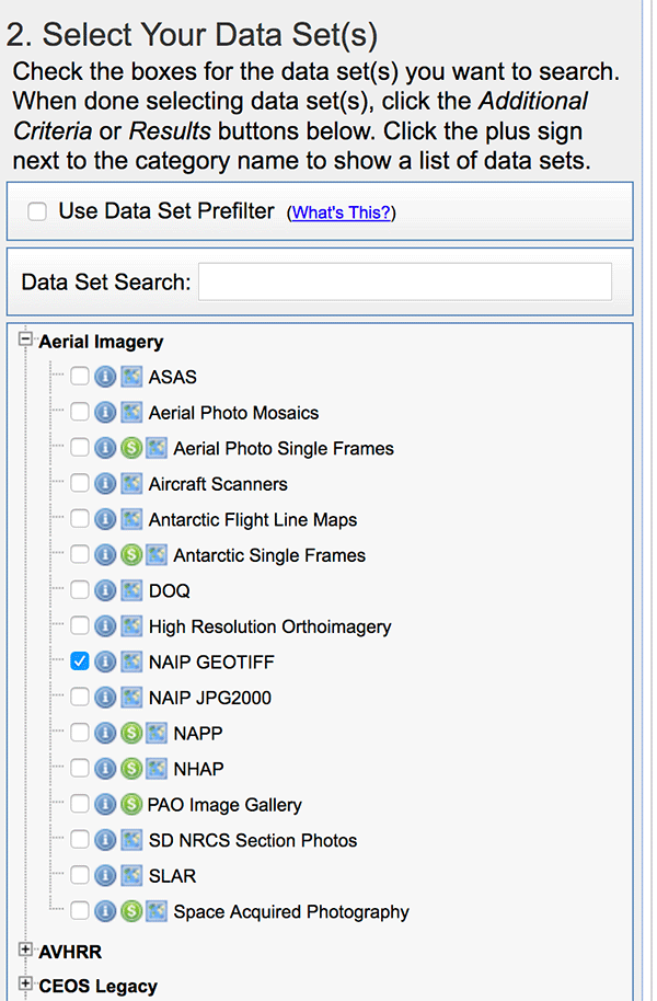 Earth explorer search criteria.