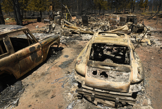 Burned cars in Nederland, Colorado after the Cold Springs fire.