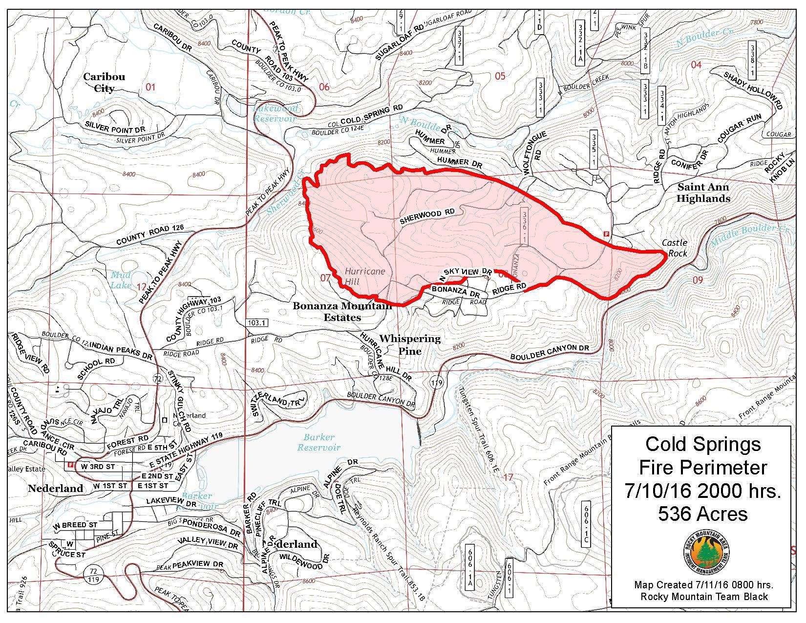 Map of the extent of the Cold Springs fire near Nederland, Colorado.