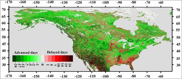  Map of shift in spring green-up throughout North America.