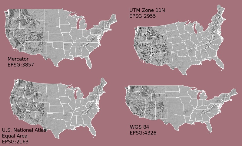 Maps of the United States in different CRS including Mercator (upper left), Albers equal area (lower left), UTM (Upper RIGHT) and WGS84 Geographic (Lower RIGHT).