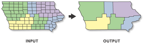 Image showing how dissolve works on polygon data. When you dissolve polygons you remove interior boundaries of a set of polygons with the same attribute value and create one new merged (combined) polygon for each attribute value. In the case above US states are dissolved to regions in the United States. Source: ESRI.