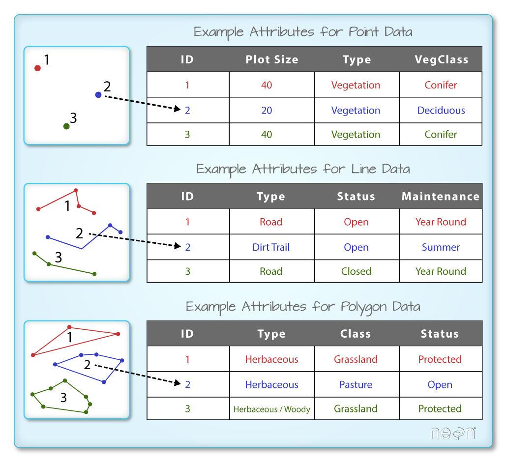 A shapefile has an associated attribute table. Each spatial feature in an R spatial object has the same set of associated attributes that describe or characterize the feature. Attribute data are stored in a separate *.dbf file.