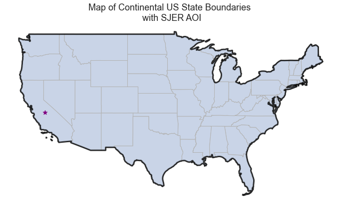 Plot showing the centroid of your AOI boundary overlayed on top of a map of the entire United States.