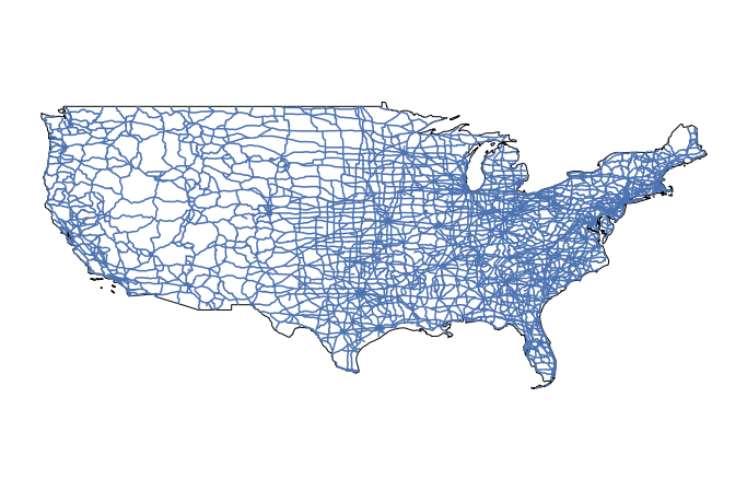 Final plot showing the clipped roads drawn on top of the country boundary. Notice that there are no road segments outside of the country boundary.