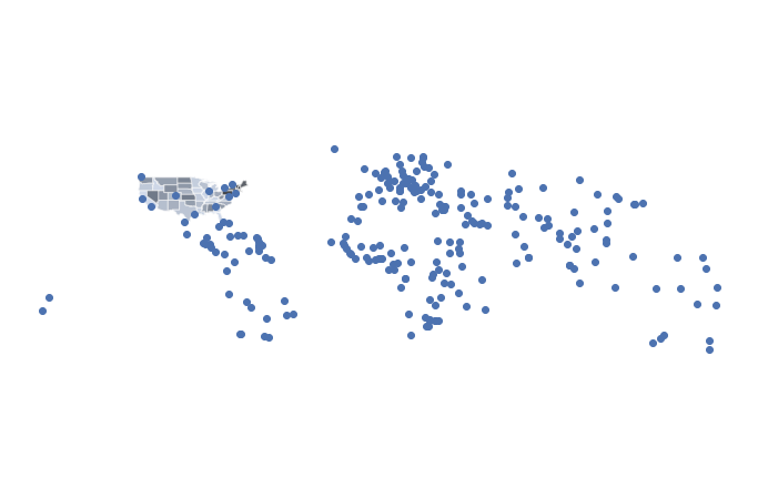 Plot showing populated places for the entire globe overlayed on top of the Continental United States. If your study area is the USA, then you might not need all of the additional points. In this instance, you can clip or crop your data.