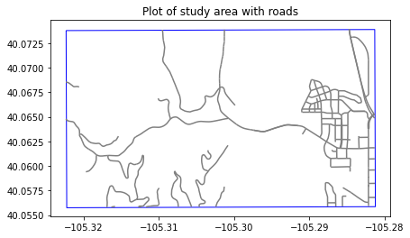 Plot showing the roads data for Boulder, County, Colorado clipped to your study area extent.