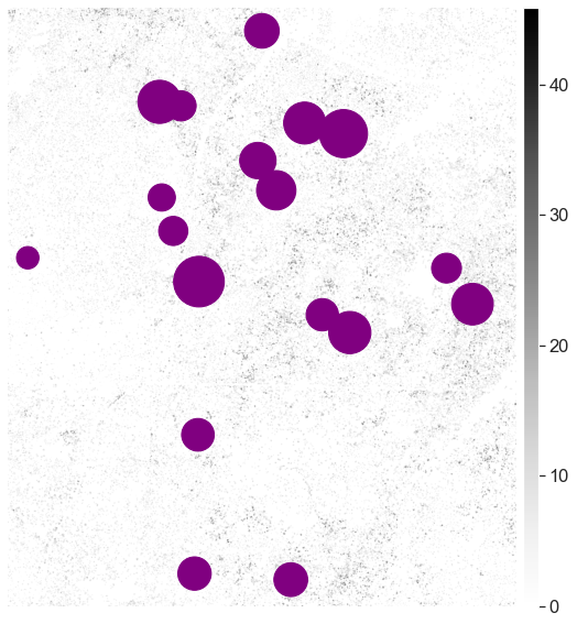 Map showing plot locations with points sized by the height of vegetation in each plot overlayed on top of a canopy height model.