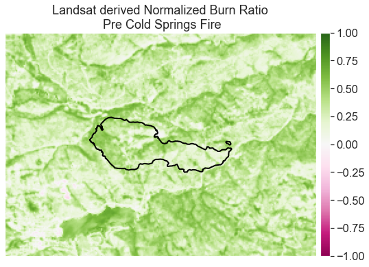 Normalized burn ratio (NBR) calculated for the pre-Cold Springs fire image from Landsat.