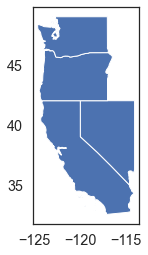 Map showing a new study area containing multiple AOI's which in this case are 4 states in the western United States.