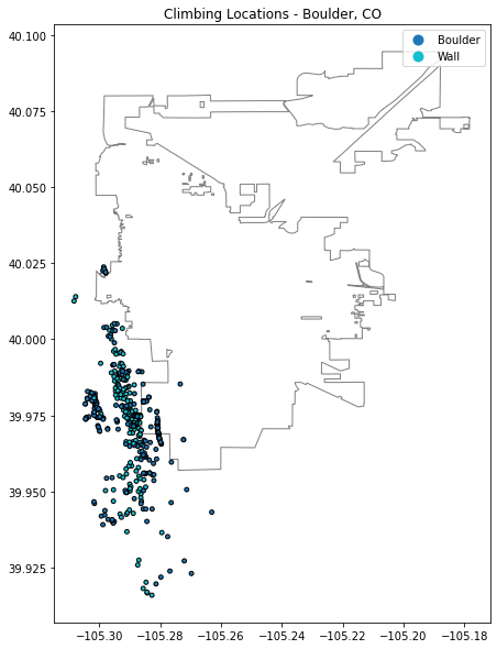 Plot of climbing formations in the Boulder, Colorado plotted by type (Boulder or Wall) with the city boundary.