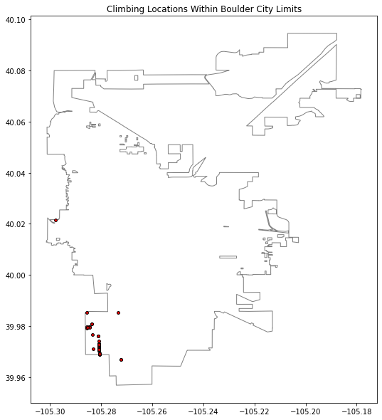 Plot of climbing formations in the Boulder, Colorado clipped to the Boulder city boundary.