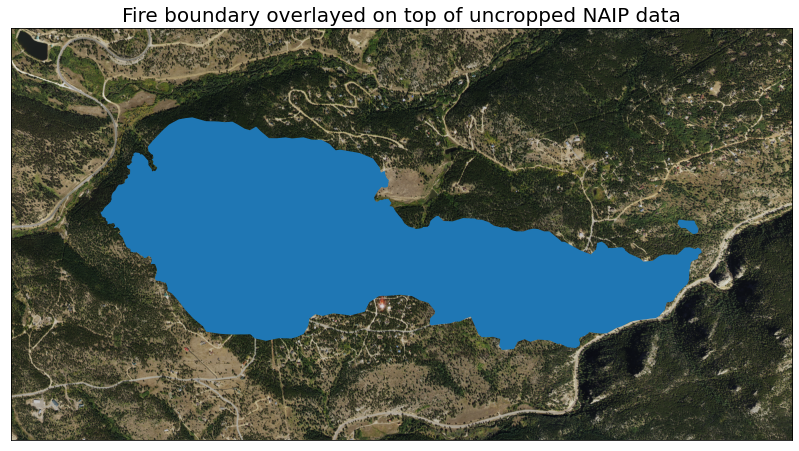 Map of the un cropped NAIP RGB imagery overlayed with the Cold Springs Fire vector layer.