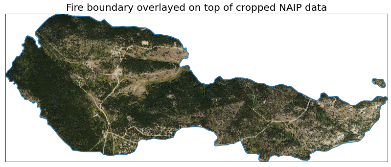 Map of the cropped NAIP RGB imagery overlayed with the Cold Springs Fire vector layer.