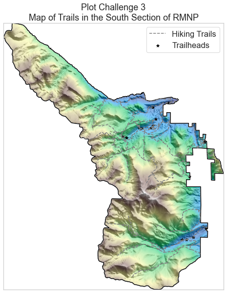 A map of the boundary of the South Zone of Rocky Mountain National Park, with hiking trails, trail heads, elevation data, and hillshade data mapped with it.