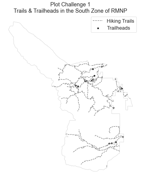 A map showing the boundary of the South Zone of Rocky Mountain National Park, with all of the hiking trails and trailheads mapped inside the boundary.