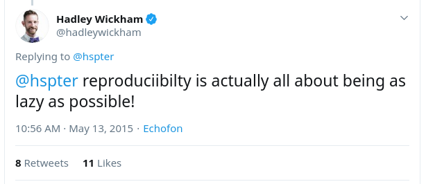 Reproducibility is actually all about being as lazy as possible. Quote from Hadley Wickham on twitter