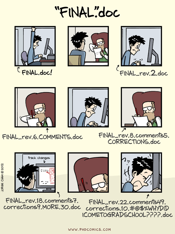 Many of us have used the append-a-date to a file name version of version control at some point in our lives. Source: Piled Higher and Deeper by Jorge Cham www.phdcomics.com. 