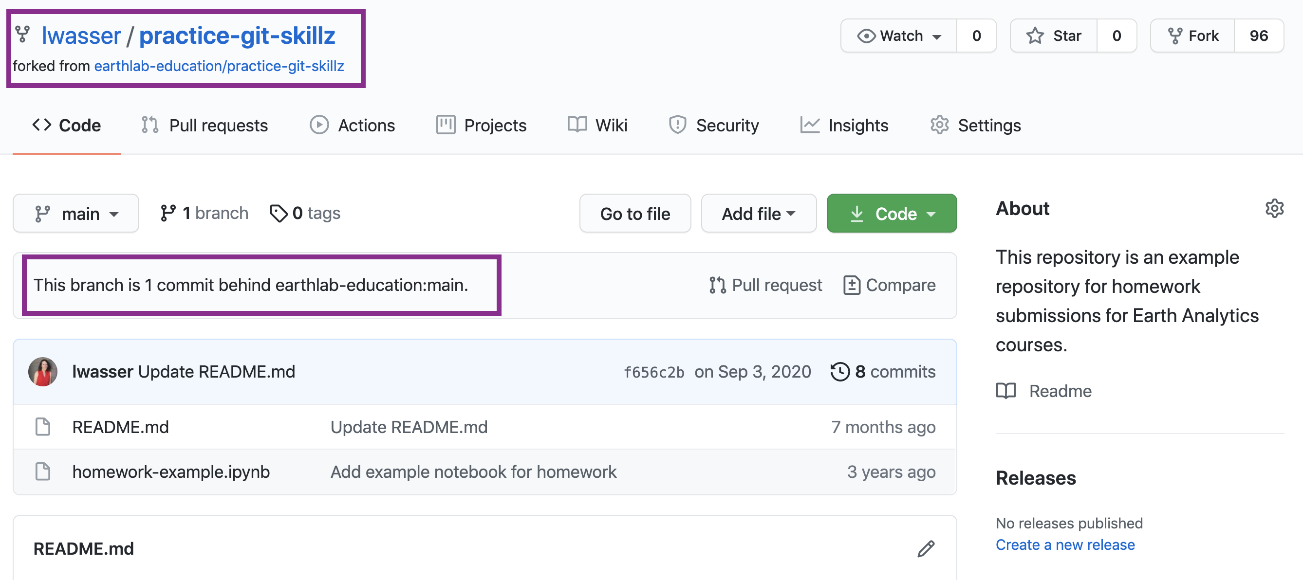 Image of an out of sync forked repo. Notice that you can tell by the upper right hand corner of the repo that this fork is owned by lwasser. The parent repo is owned by earthlab. You can also see that this fork is BEHIND the parent repo by 1 commits. This fork is out of sync.