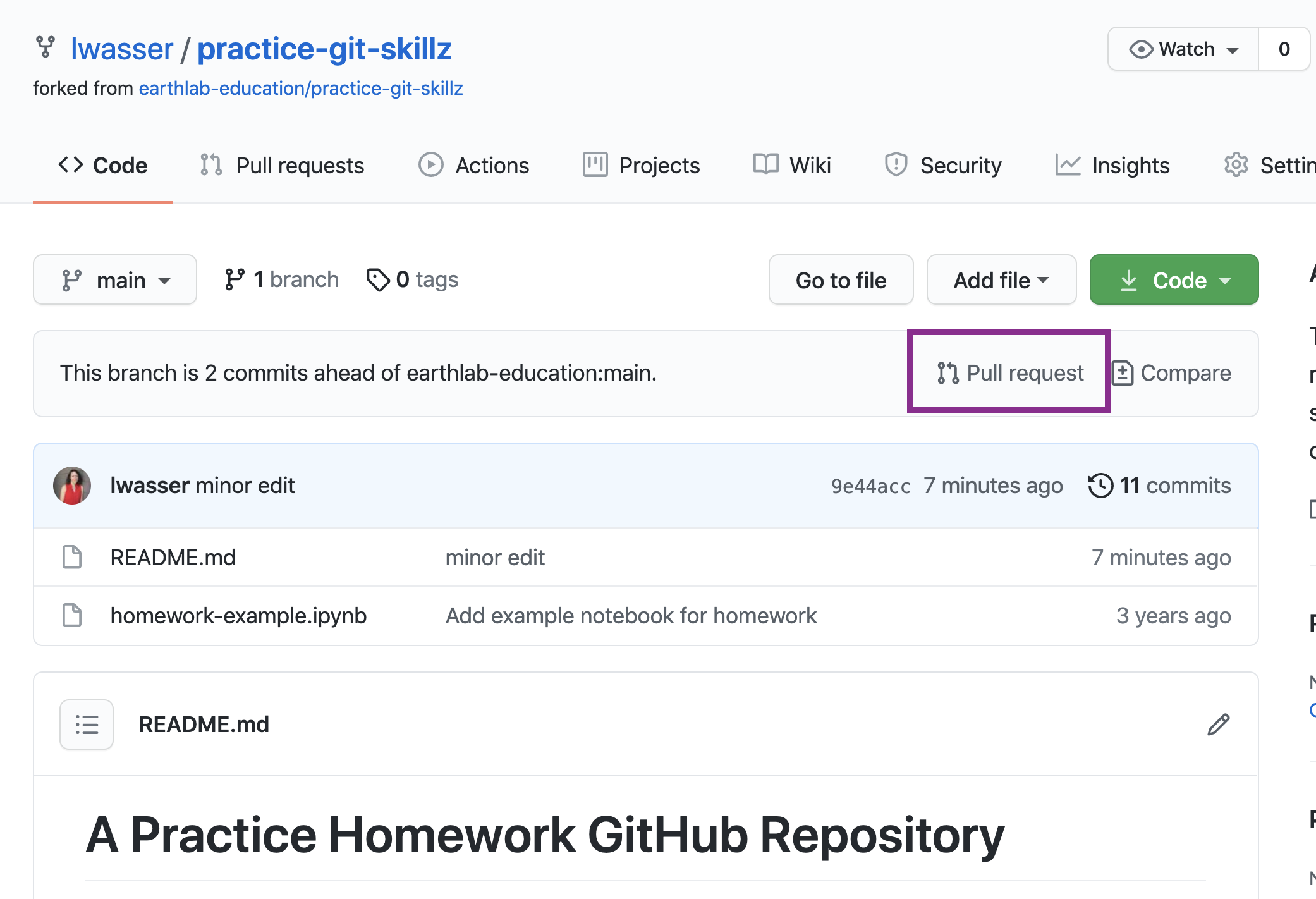 Location of the New pull request button on the main page of an example repository for jenp0277.