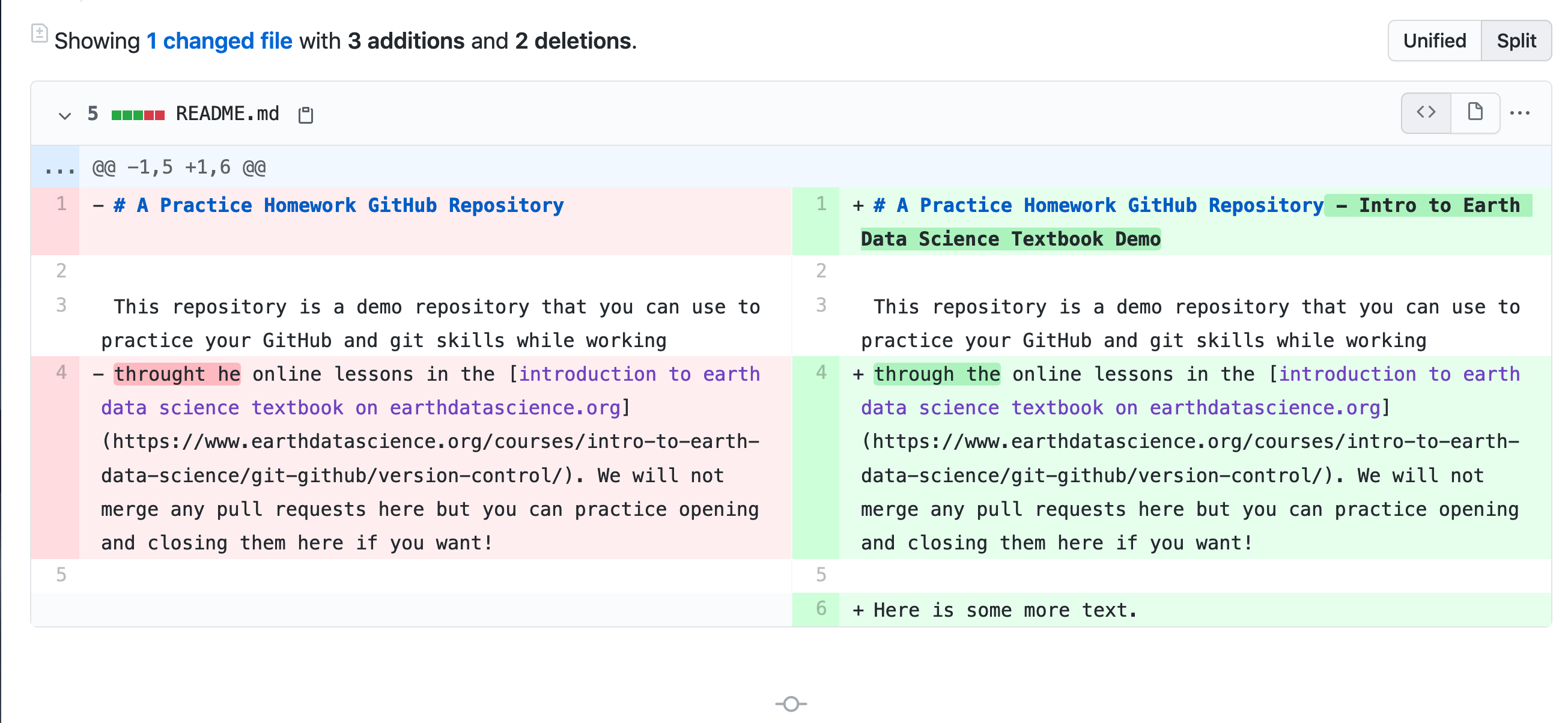 This screenshot shows a diff associated with a pull request. On the LEFT, you can see the text (highlighted with red) that was modified by the proposed pull request. The words that are dark red were the ones that were deleted. On the RIGHT, you can see the text (in green) that represents the proposed changes. The words that are darker green were added. In this example, the word **earthpy** was replaced with **matplotcheck** in the contributing.rst file of the repo
