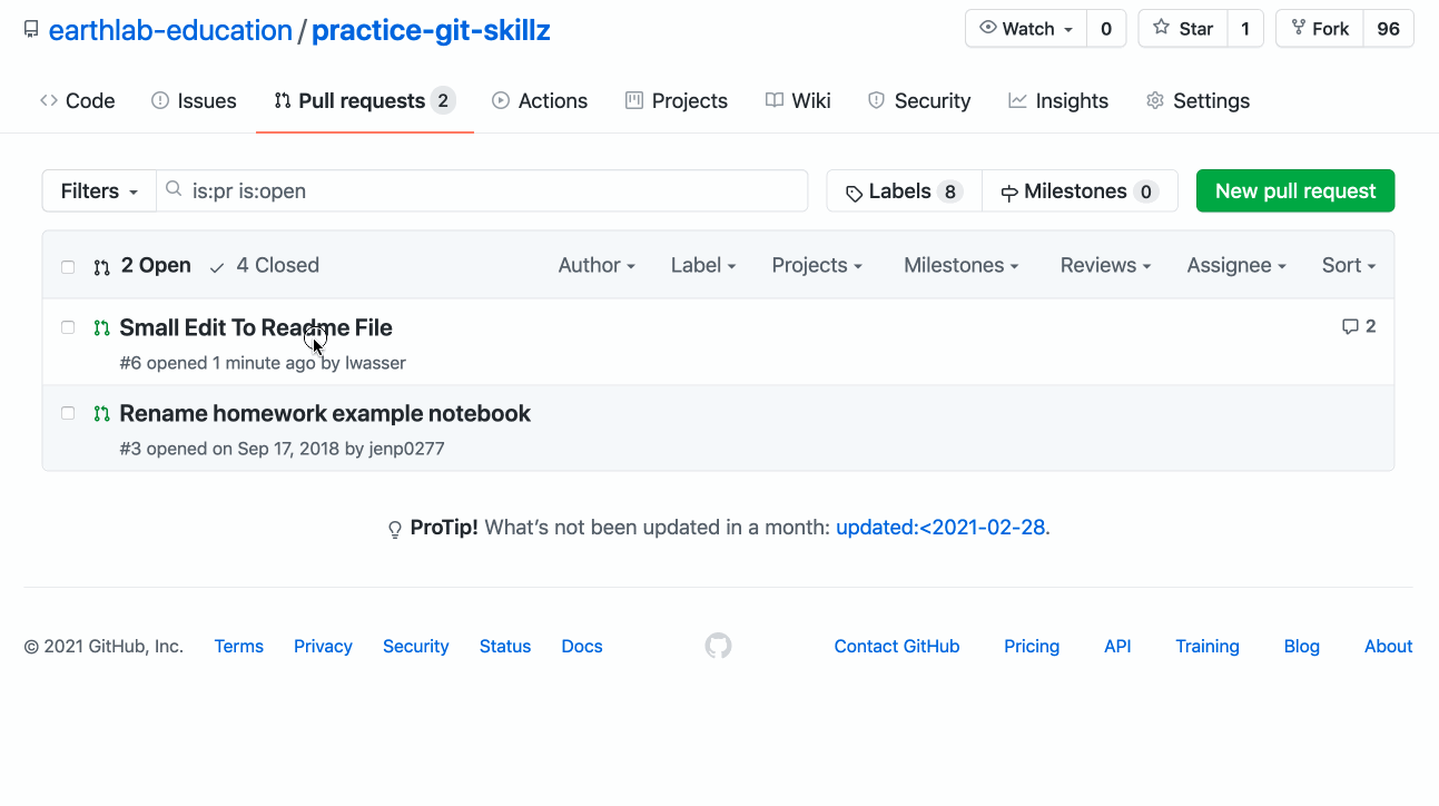 Short animated gif showing the steps involved with merging a pull request. It's common for a reviewer to comment on your pull request and request changes. Once the reviewer is happy with the PR, they will merge it using the merge button on the bottom of the PR. It is important to note that you can only merge a PR in a repo in which you have permissions to merge.