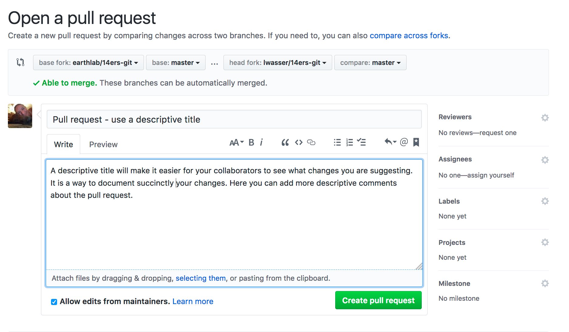Pull request titles should be concise and descriptive of the content in the pull request. More detailed notes can be left in the comments box.