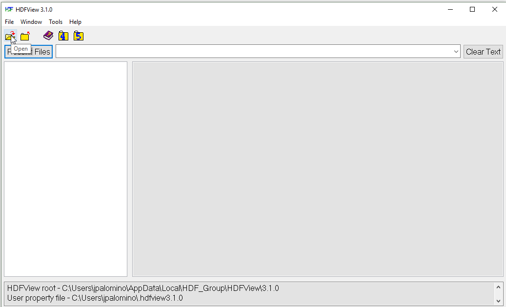 Location of the open file option in the HDF View interface.