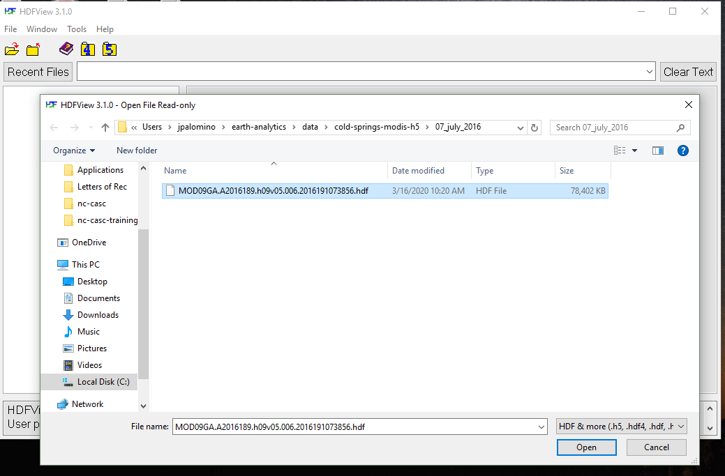 Window to select a file to open in the HDF View interface.