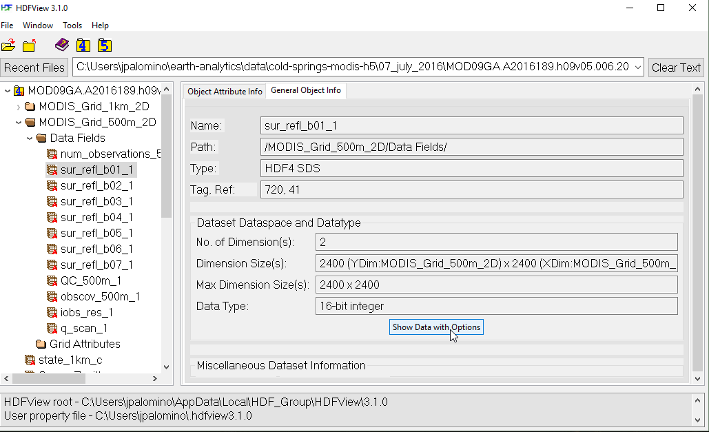 Display of attributes for MODIS surface reflectance band 1.